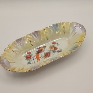 Germany CELEBRATE  Lustreware Porcelain Celery Dish Floral Rose Bird Vintage EVC